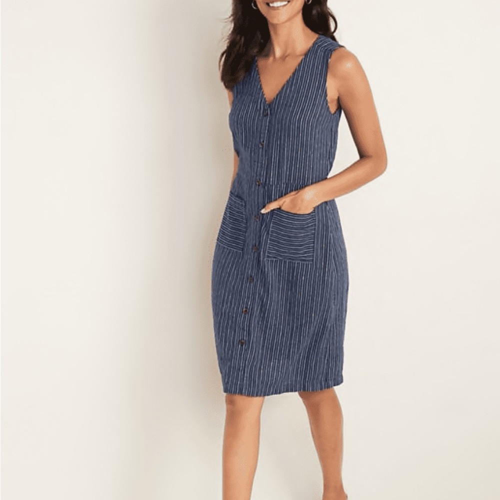 Old Navy Blue Stripe Shift Dress Linen Blend Coastal Casual Patch Pocket Medium